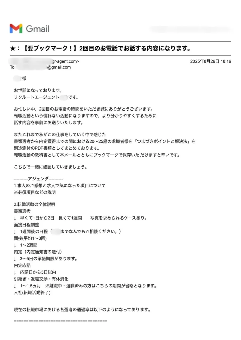 リクルートエージェントの担当者が送ってくれた転職活動の全体像の説明メール