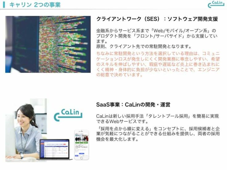 キャリン株式会社の2つの事業を説明するスライド