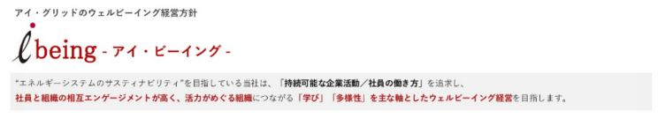 株式会社アイ・グリッド・ソリューションズの経営方針「ibeing」のロゴと説明