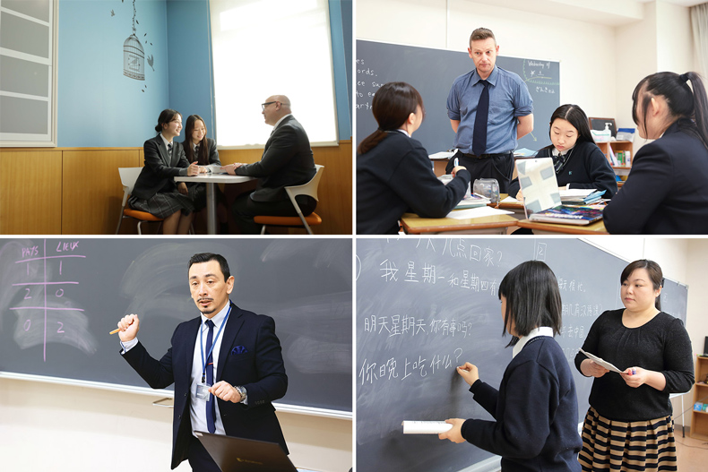 神田女学園中学校高等学校の外国籍教員と生徒が談笑している様子（左上）、外国籍教員による授業（右上、下段）