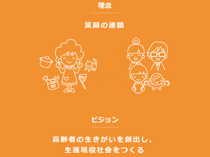 株式会社ぴんぴんころりの理念「笑顔の連鎖」とビジョン「高齢者の生きがいを創出し、生涯現役社会をつくる」