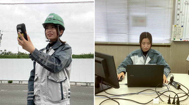 株式会社加藤建設の中根さんの勤務風景・現場（左）、事務所（右）
