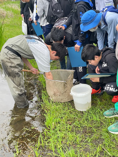 京都先端科学大学附属中学校高等学校の地球学「深泥池観察会」に参加する生徒たち