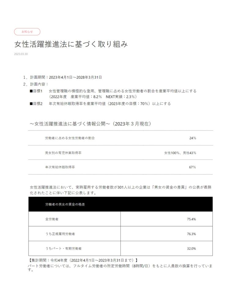 NEXT株式会社の育休取得率が書かれた資料