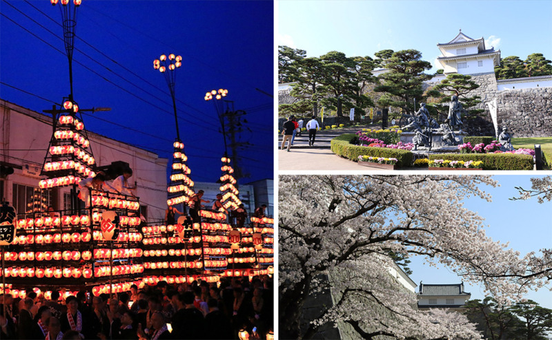 二本松市で開催される二本松の提灯祭りの様子、二本松市にある霞ヶ城、霞ヶ城と桜の写真