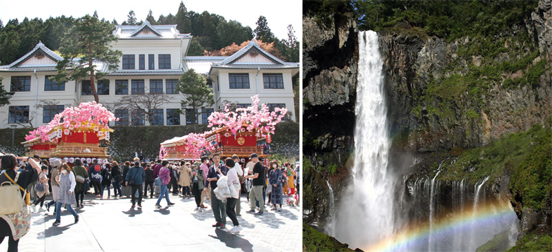 日光市内のお祭りの様子（左）、華厳の滝の風景（右）