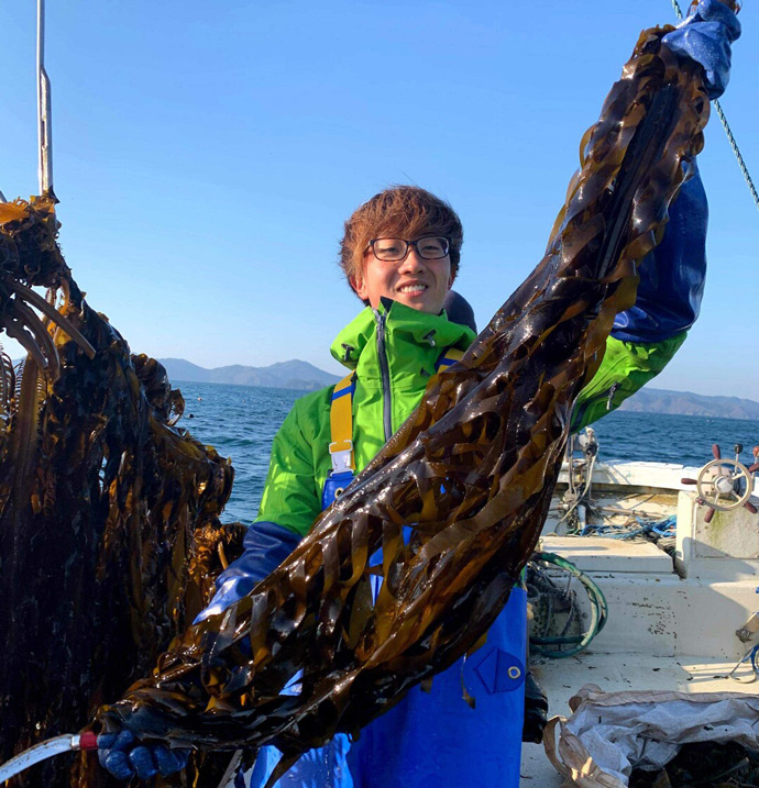 おてつたびの受け入れ先で養殖ワカメの収穫を手伝っている様子