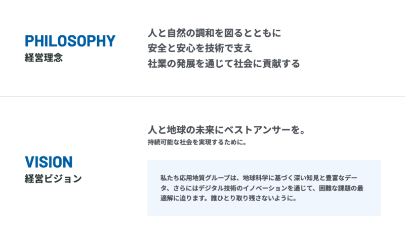 応用地質株式会社の公式サイトに掲載された経営理念と経営ビジョン