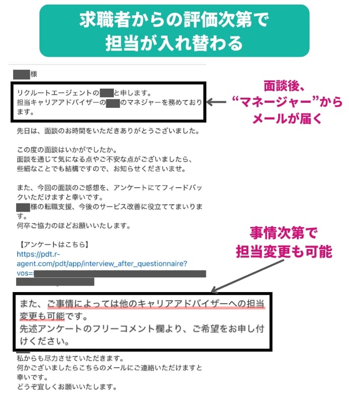 リクルートエージェントの初回面談後、担当のマネージャーからアンケート調査