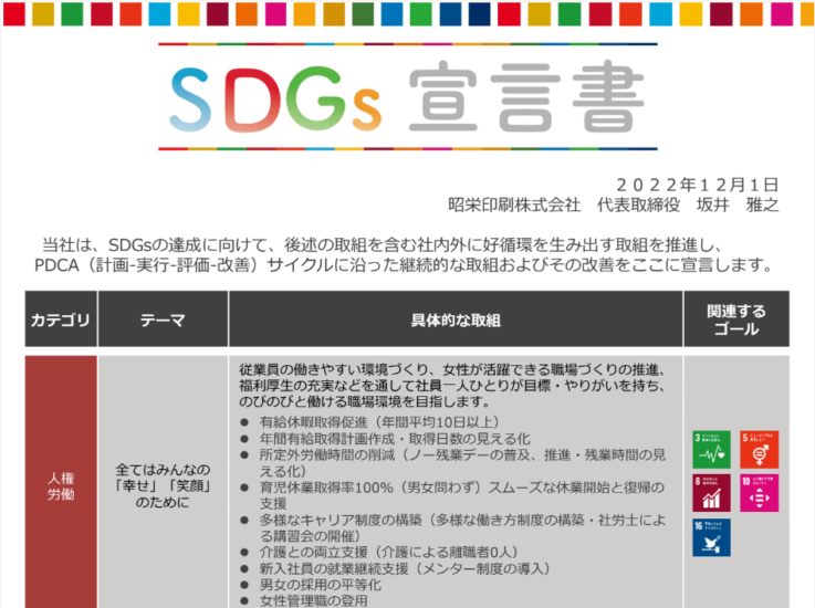 昭栄印刷のSDGs宣言書の一部