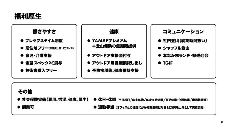 株式会社ヤマップの福利厚生制度一覧